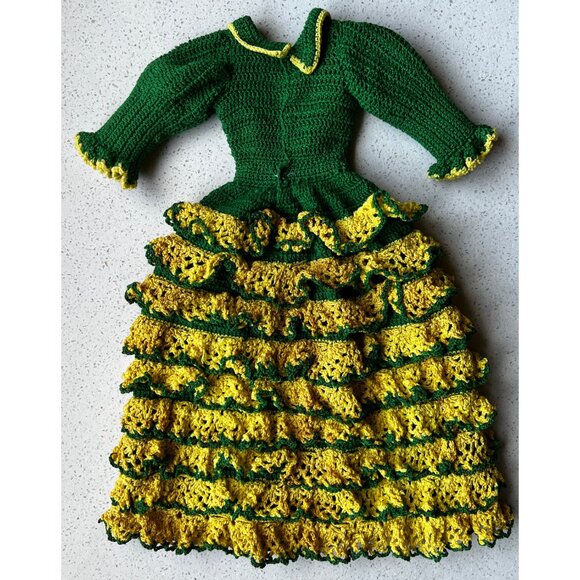 Hand Crocheted Flamenco Dancer Doll Dress for 21” Doll Green Yellow and Red Shoe - Picture 3 of 10